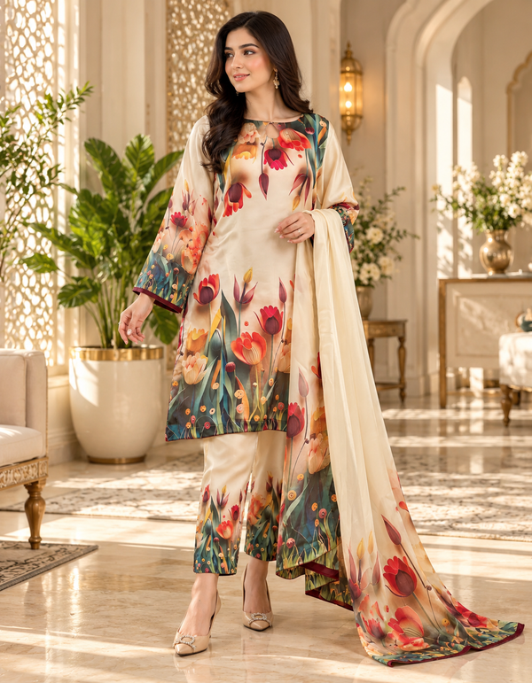 Rangeen - Multicolour 3D Floral Digital Printed Silk 3 Piece Suit