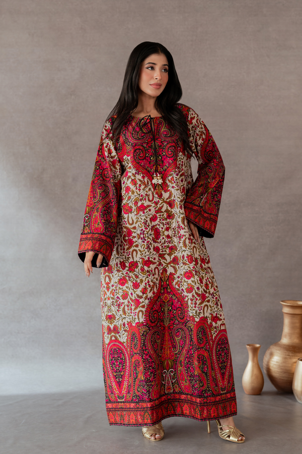 Surkhaab - Crimson Red Paisley Printed Italian Grip Silk Long Kaftan 2 Piece