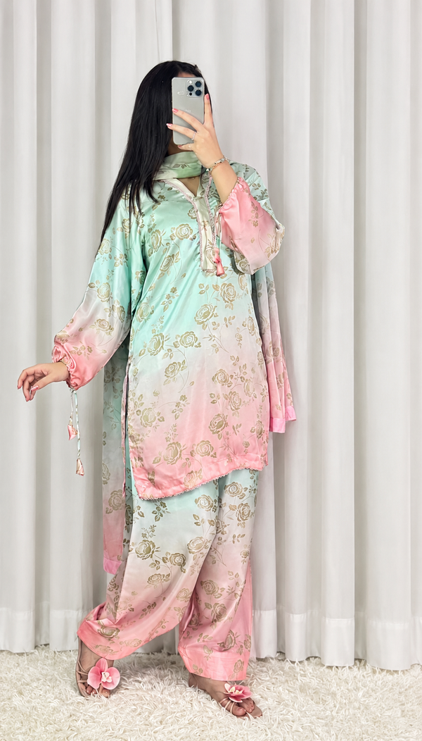 Kohsar - Peach & Mint Pastel Digital Printed Silk 3 Piece Suit
