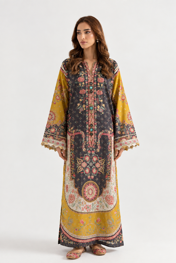 Sunehri - Black & Yellow Floral Paisley Printed Silk Long Kaftan