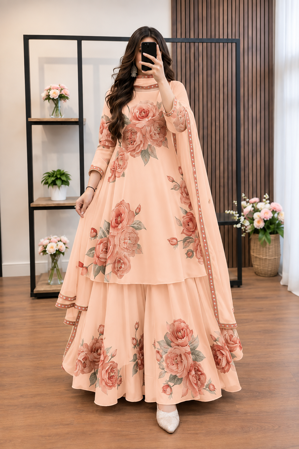 Model wearing a peach floral printed shirt, flared bottom and matching dupatta