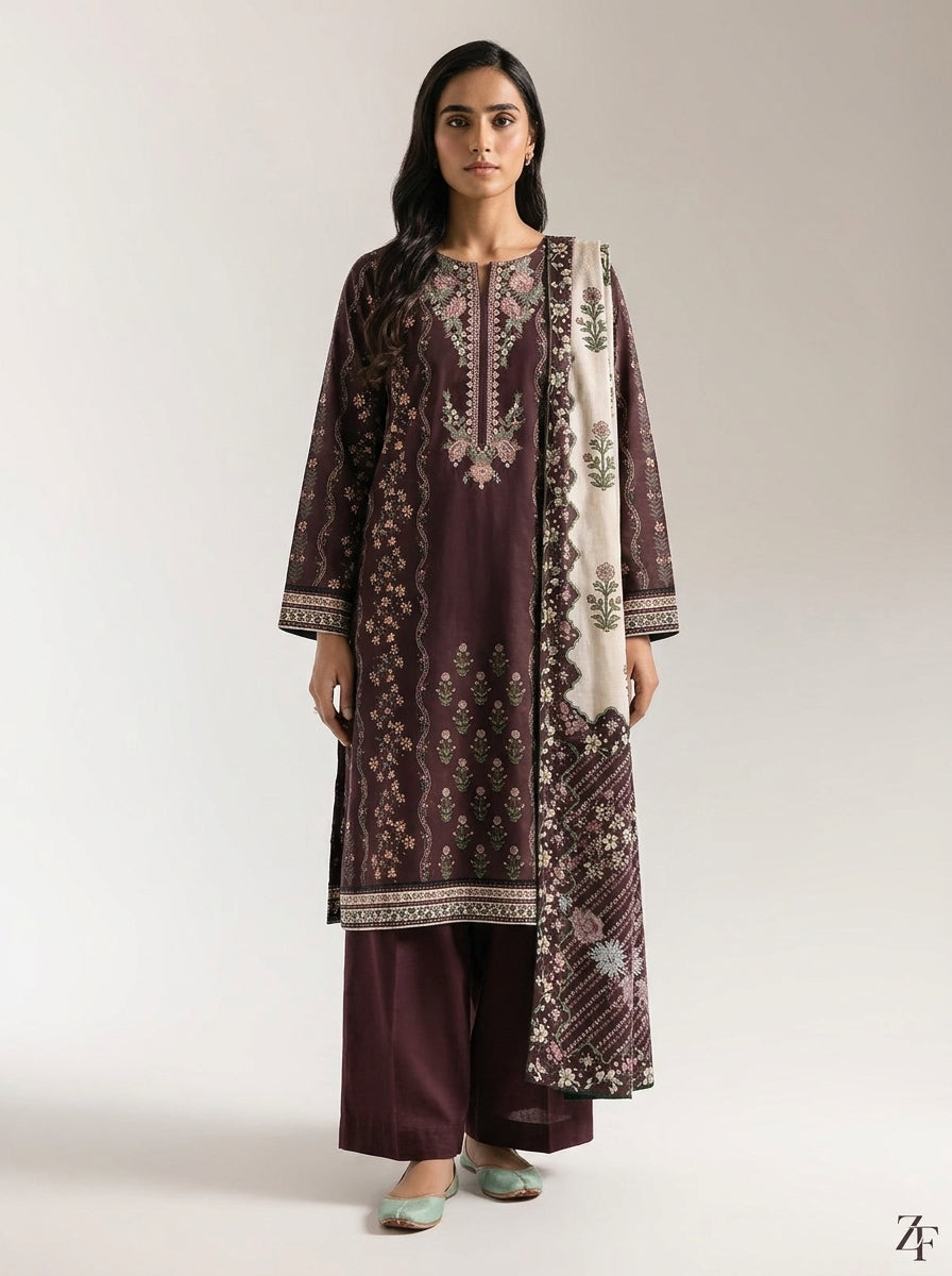 Shaam-e-Ghazal Chocolate Plum 3 piece printed suit - full length front view