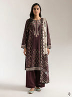 Shaam-e-Ghazal Chocolate Plum 3 piece printed suit - full length front view