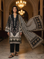 Shab-e-Noor Black Ivory 3 piece printed suit - editorial look