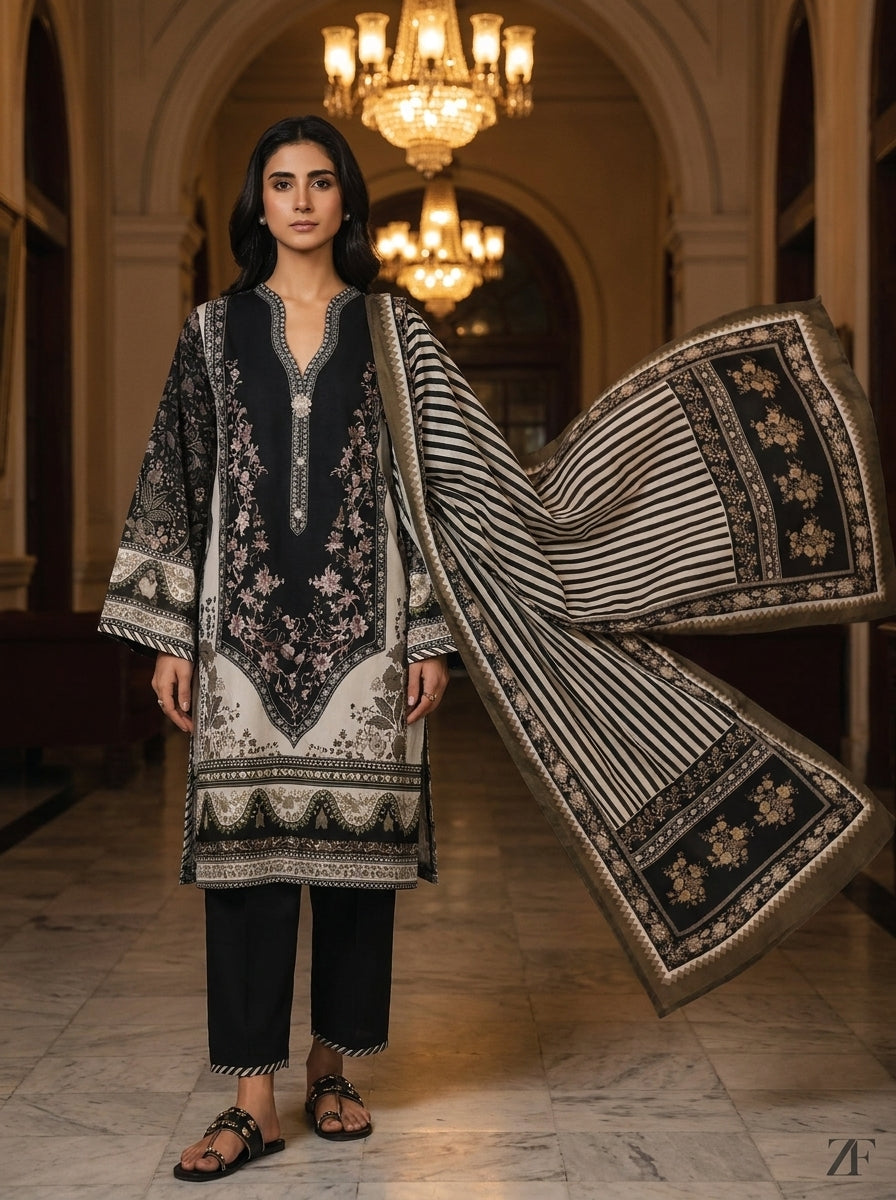 Shab-e-Noor Black Ivory 3 piece printed suit - editorial look