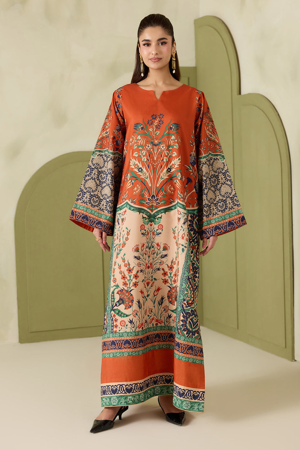Dilnaz - Rust Orange Printed Silk Long Kaftan 2 Piece