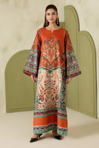 Dilnaz - Rust Orange Printed Silk Long Kaftan 2 Piece