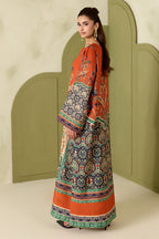Dilnaz - Rust Orange Printed Silk Long Kaftan 2 Piece