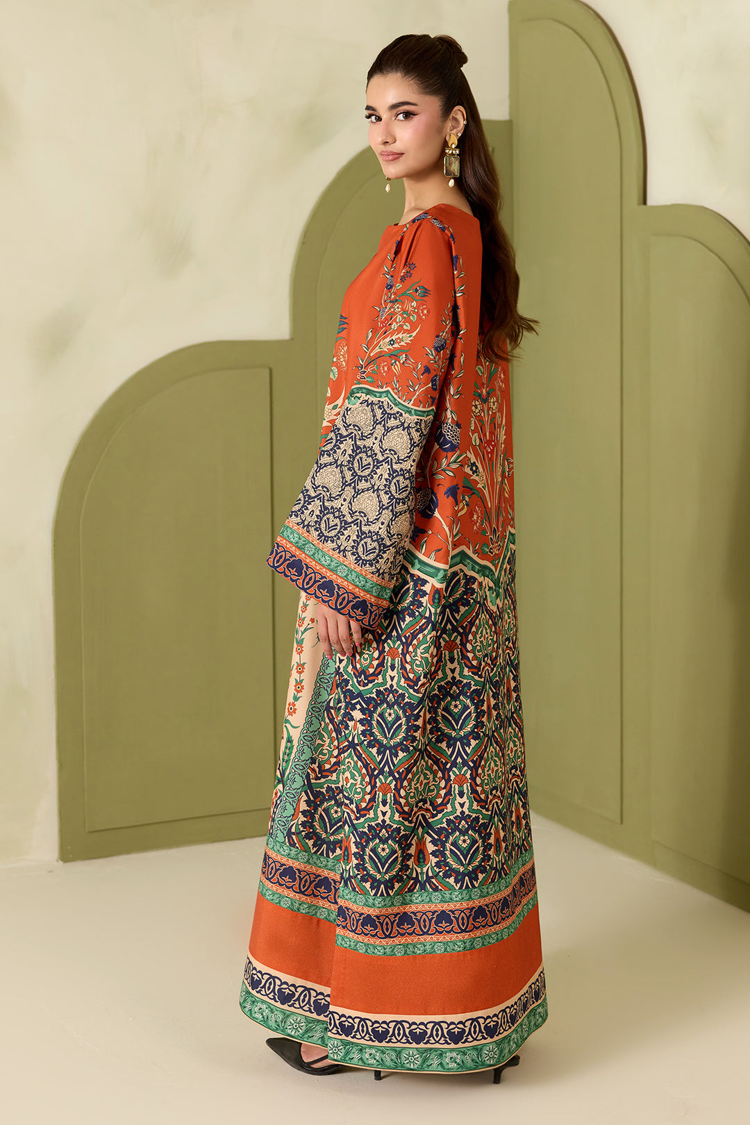 Dilnaz - Rust Orange Printed Silk Long Kaftan 2 Piece