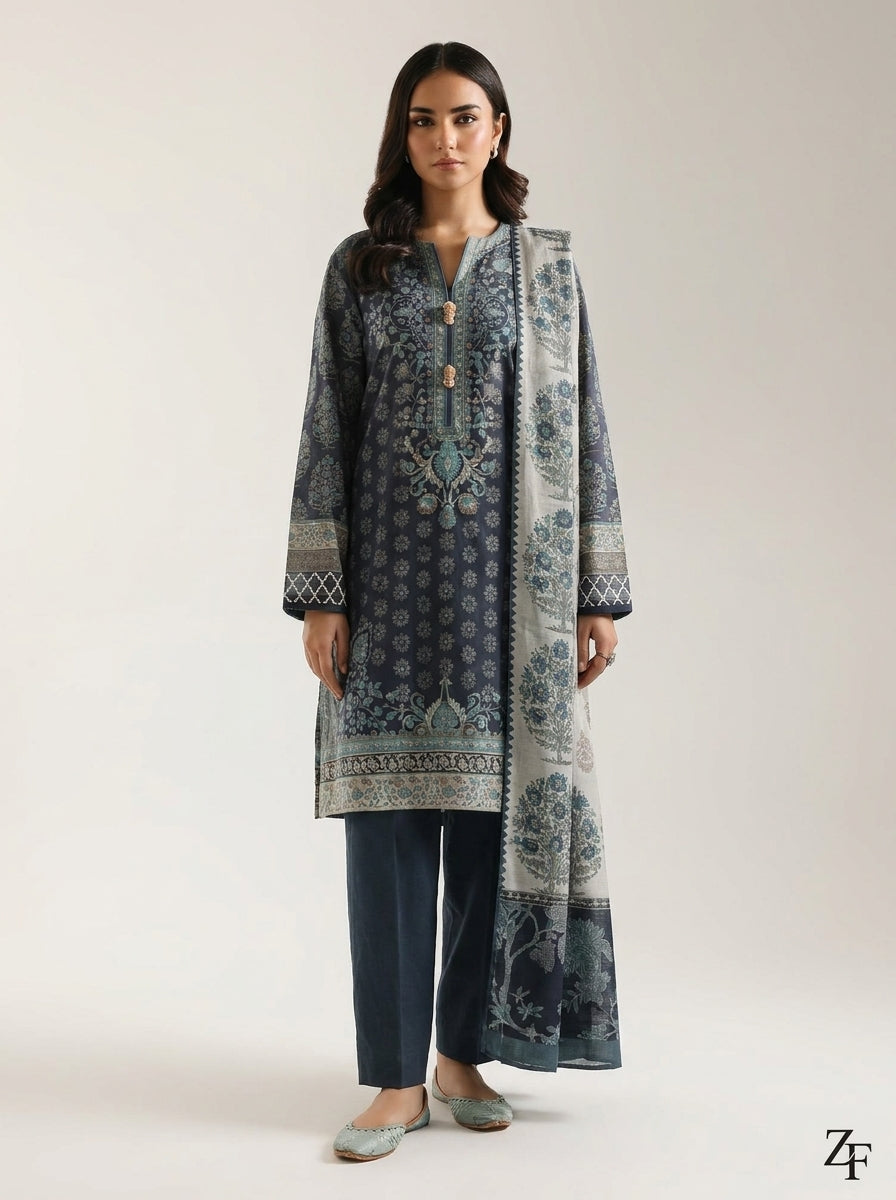 Neel Gagan Navy Teal 3 piece printed suit - full length front view