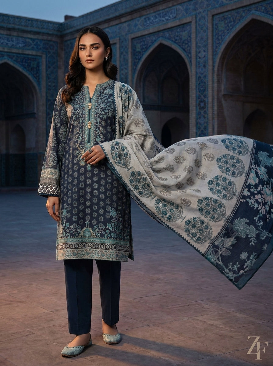 Neel Gagan Navy Teal 3 piece printed suit - editorial look