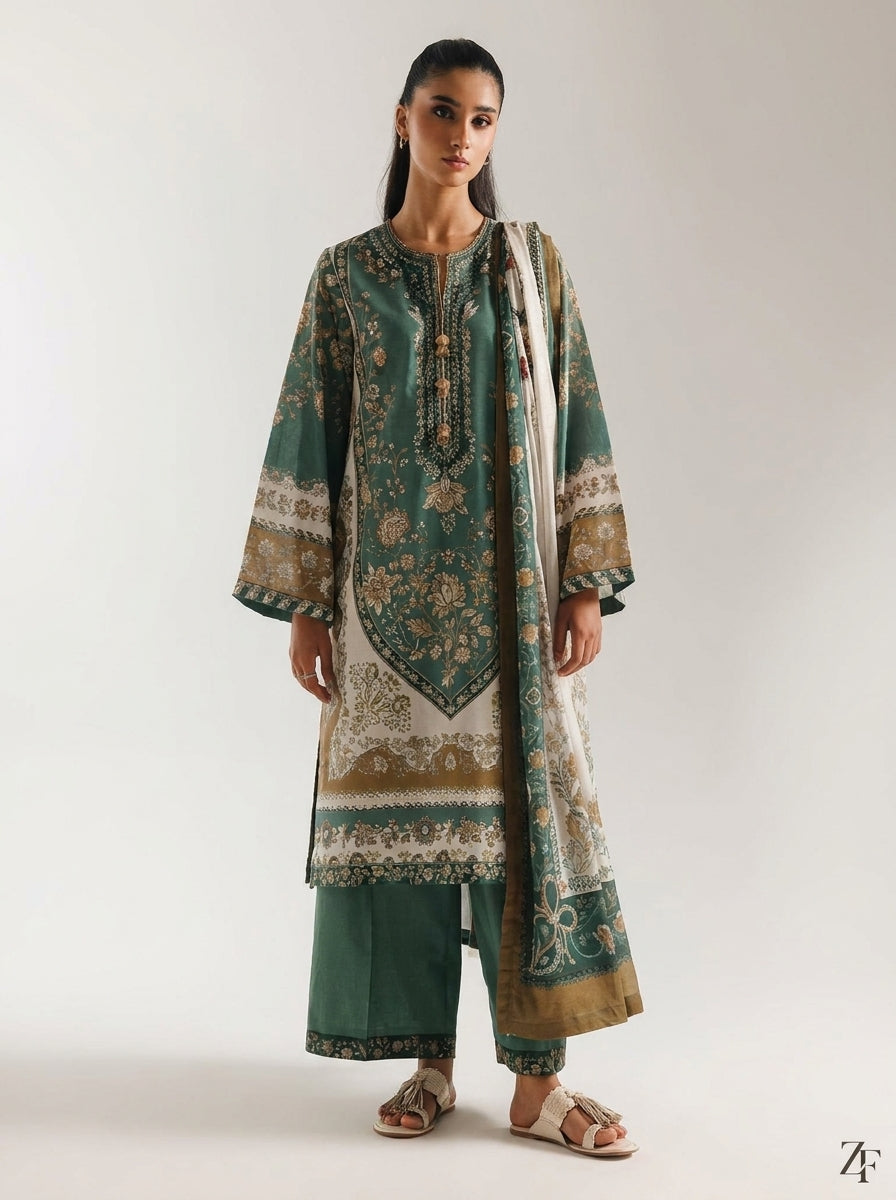 Zumurrud Bottle Green Mustard 3 piece printed suit - full length front view