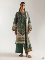Zumurrud Bottle Green Mustard 3 piece printed suit - full length front view