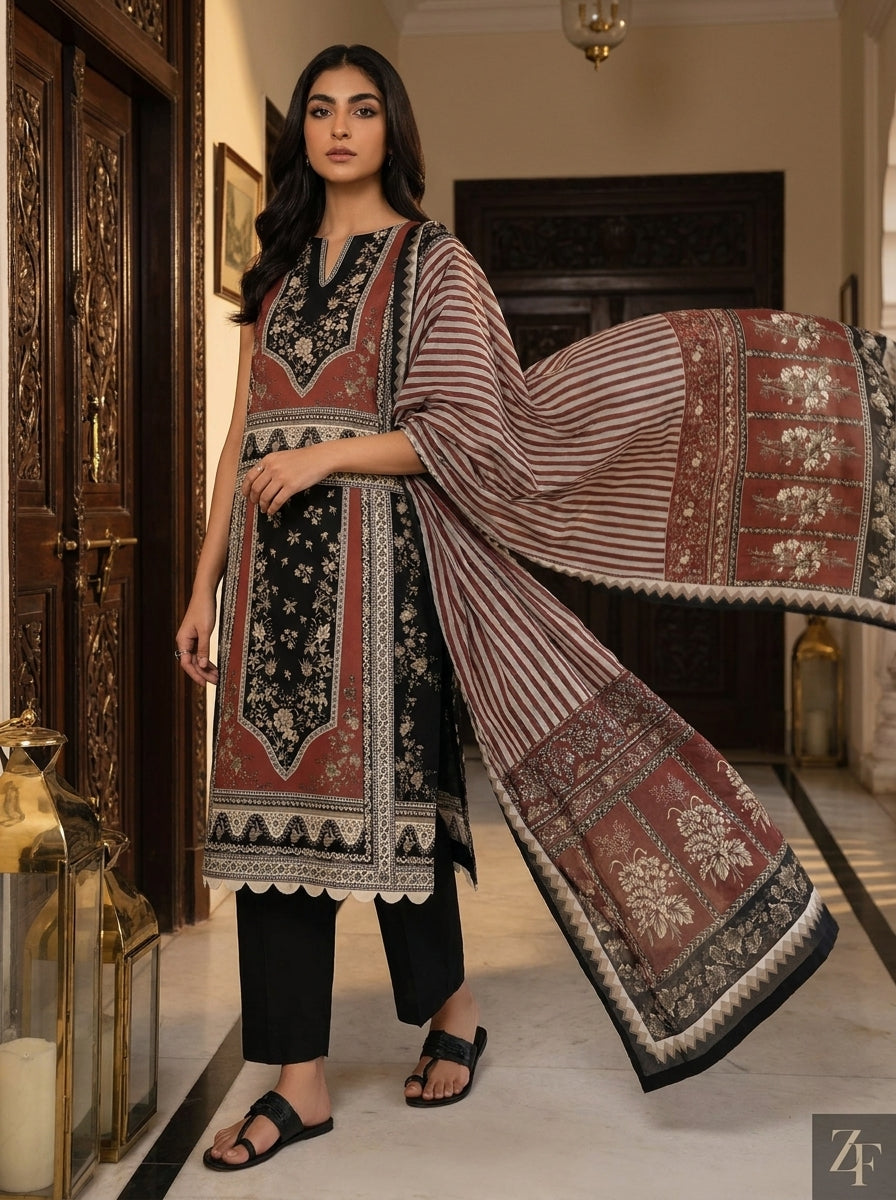 Raat Rani Black Rust 3 piece printed suit - editorial look