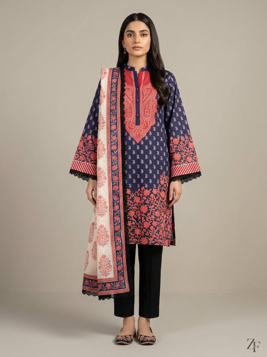 Mehr-un-Nisa Navy Red 3 piece printed suit - full length front view