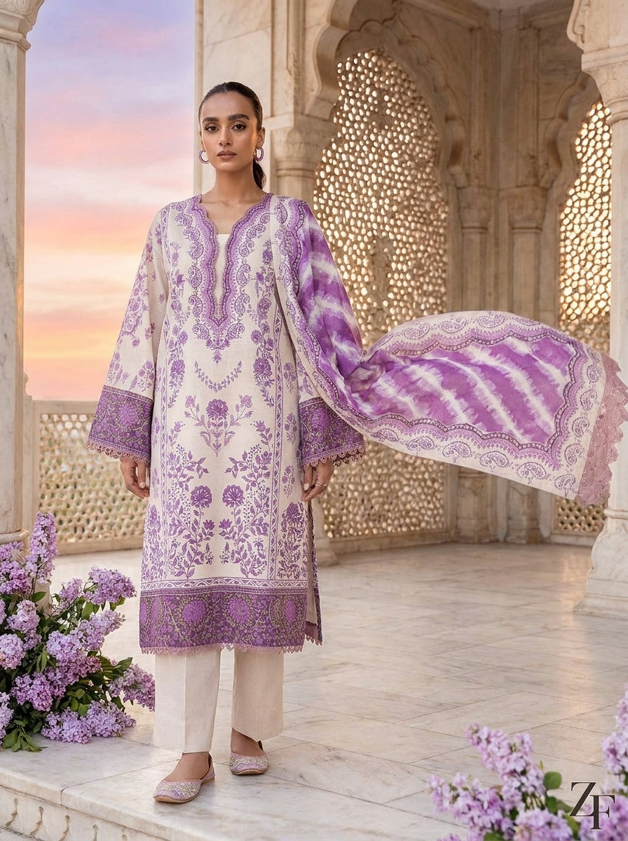 Khwab Ivory Lilac 3 piece printed suit - editorial look