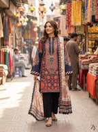 Mehr-un-Nisa Navy Red 3 piece printed suit - lifestyle look