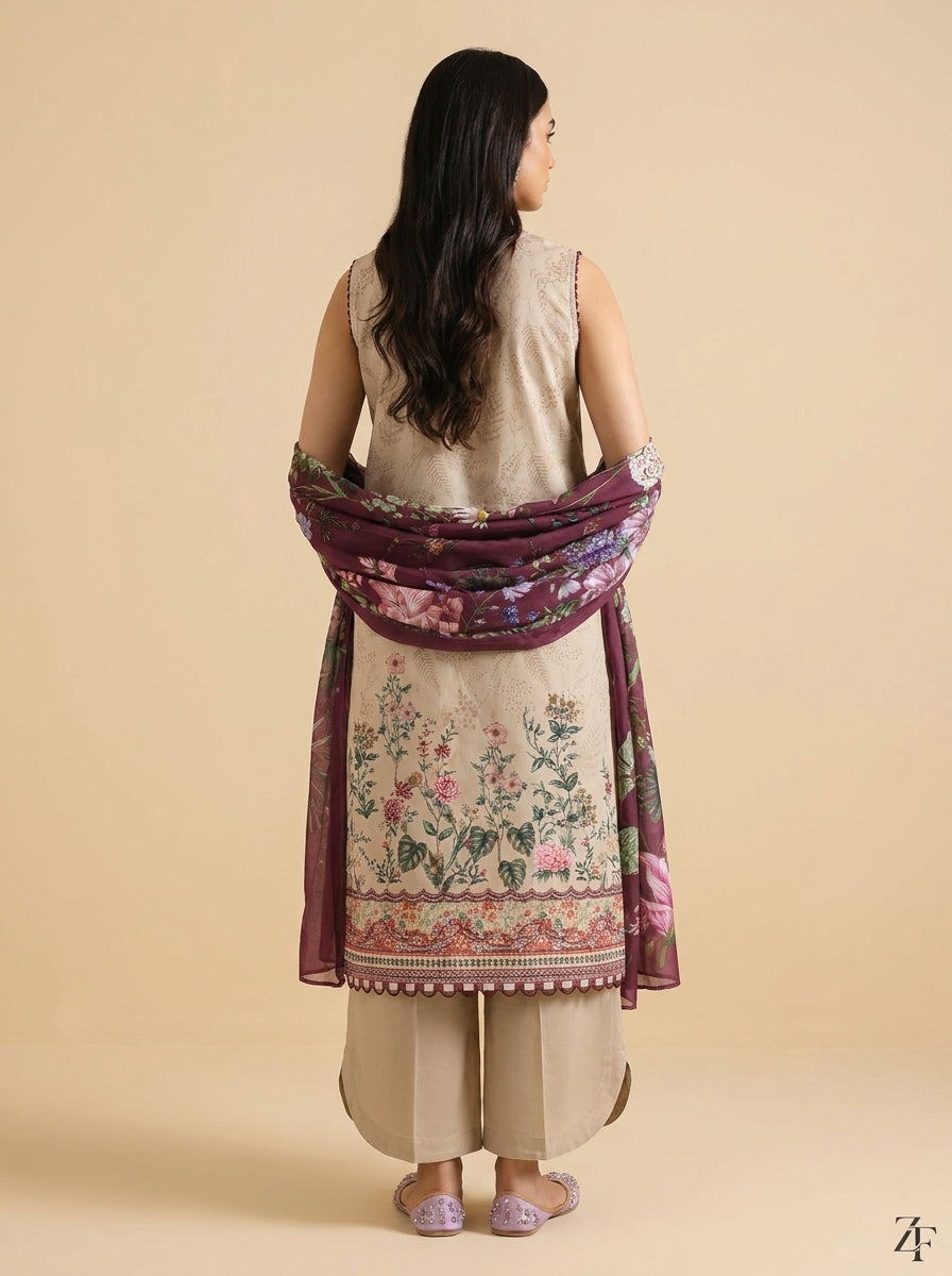 Gul-e-Bahar Beige Plum 3 piece printed suit - back view