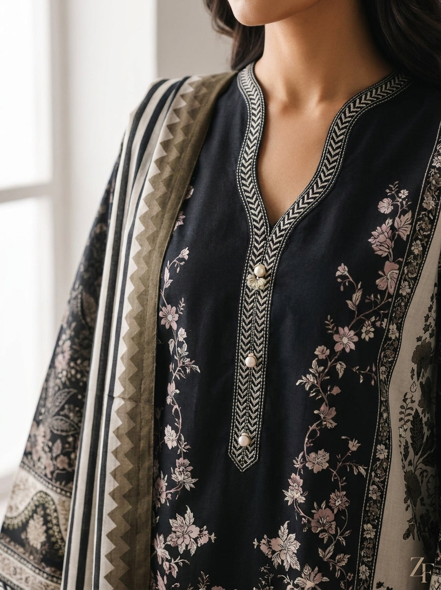 Shab-e-Noor Black Ivory 3 piece printed suit - close-up print and neckline detail
