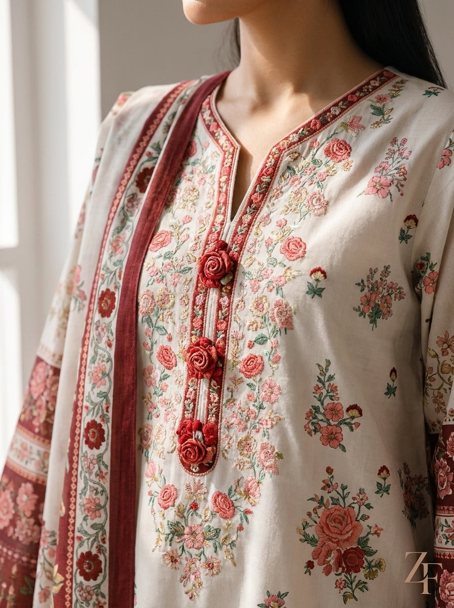 Gul-e-Rana Ivory Red 3 piece printed suit - close-up print and neckline detail