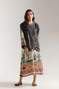 Mehrunnisa - Black Mughal Garden Printed Shamose Silk Kaftan 2 Piece