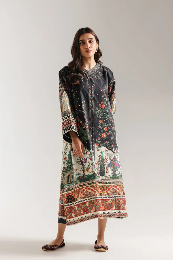 Mehrunnisa - Black Mughal Garden Printed Shamose Silk Kaftan 2 Piece