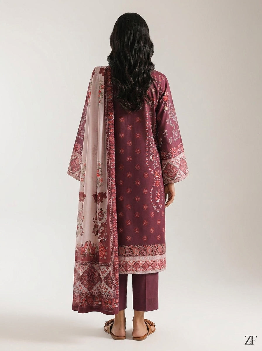 Anaarkali Wine Maroon 3 piece printed suit - back view