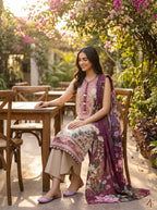 Gul-e-Bahar Beige Plum 3 piece printed suit - lifestyle look
