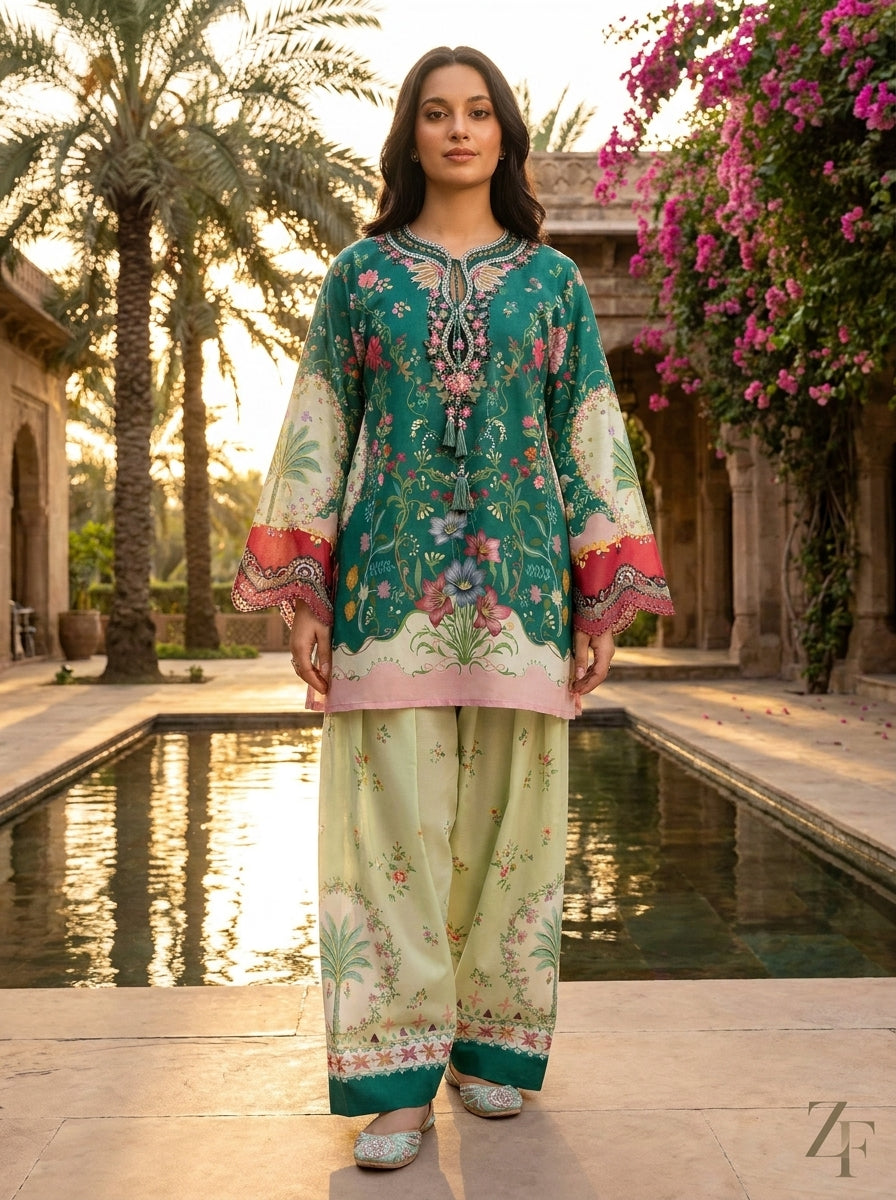 Nakhlistan Emerald Mint 2 piece printed suit - editorial look