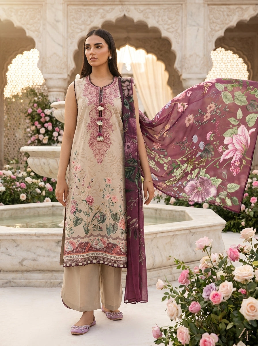 Gul-e-Bahar Beige Plum 3 piece printed suit - editorial look