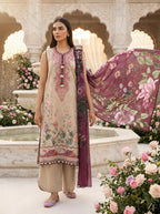 Gul-e-Bahar Beige Plum 3 piece printed suit - editorial look
