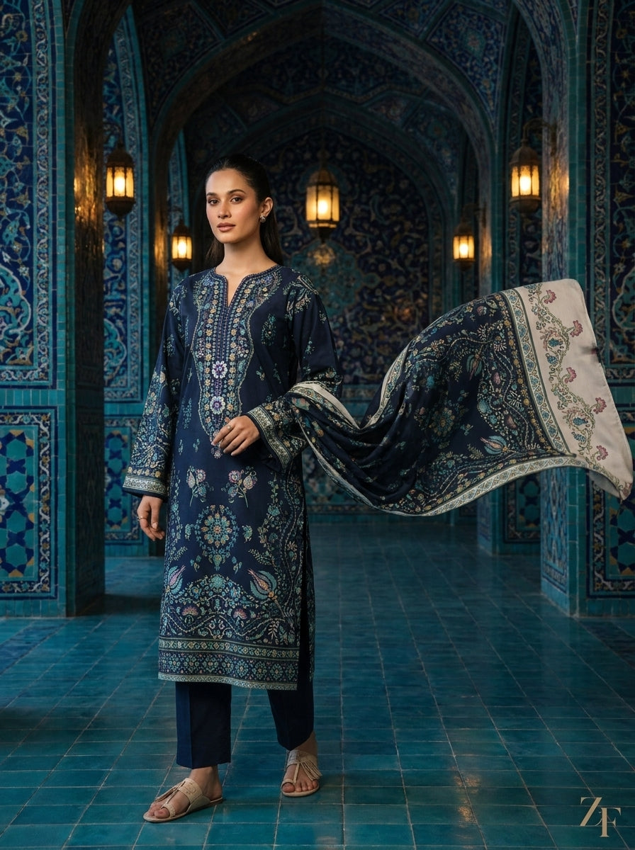 Lajward Midnight Navy 3 piece printed suit - editorial look
