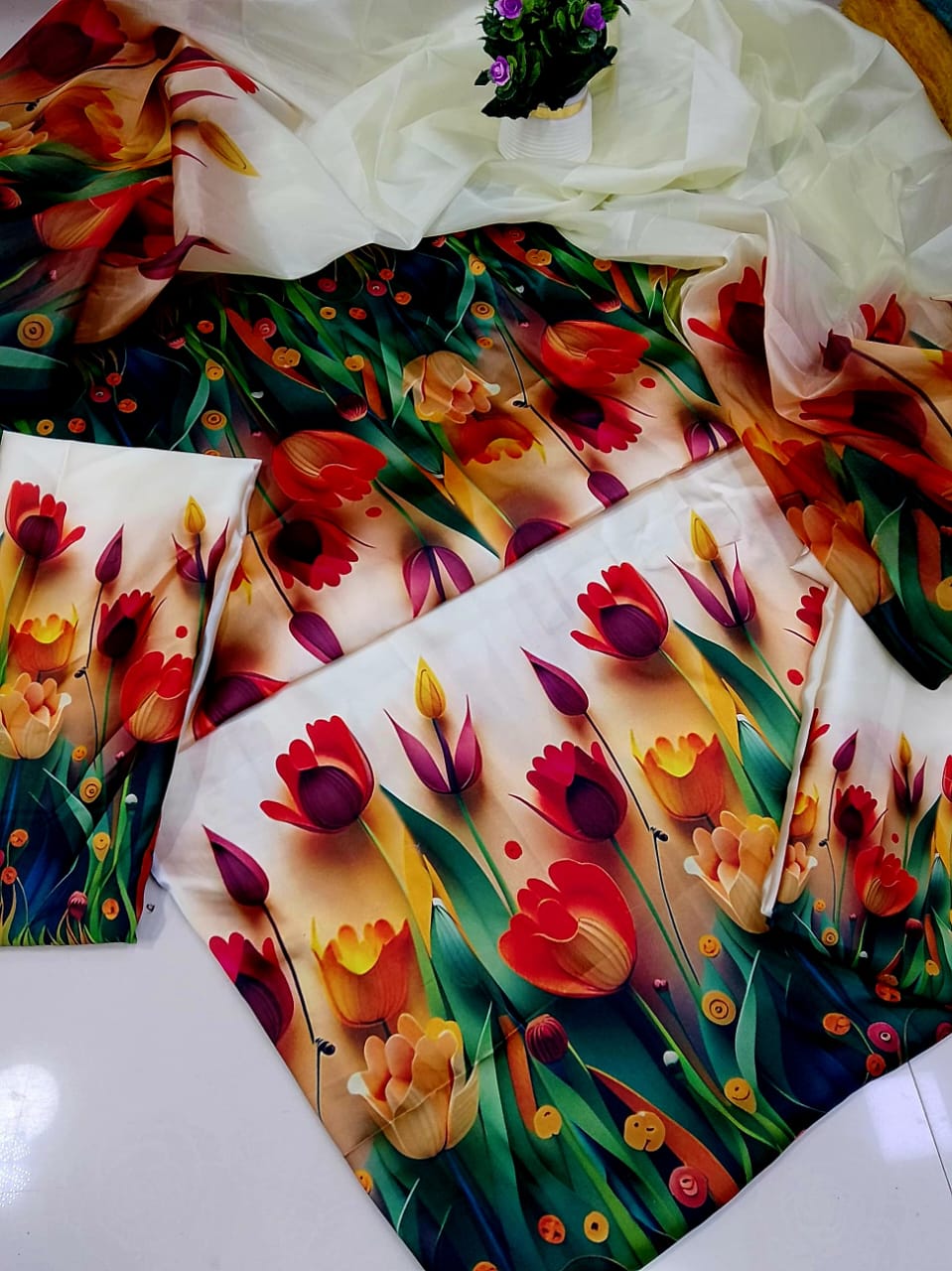 Unstitched digital printed silk 3-piece suit in white with colourful tulips