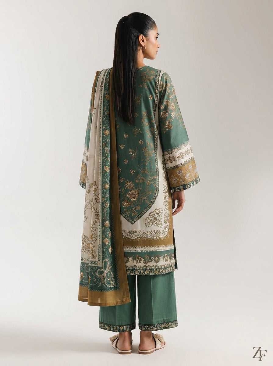 Zumurrud Bottle Green Mustard 3 piece printed suit - back view