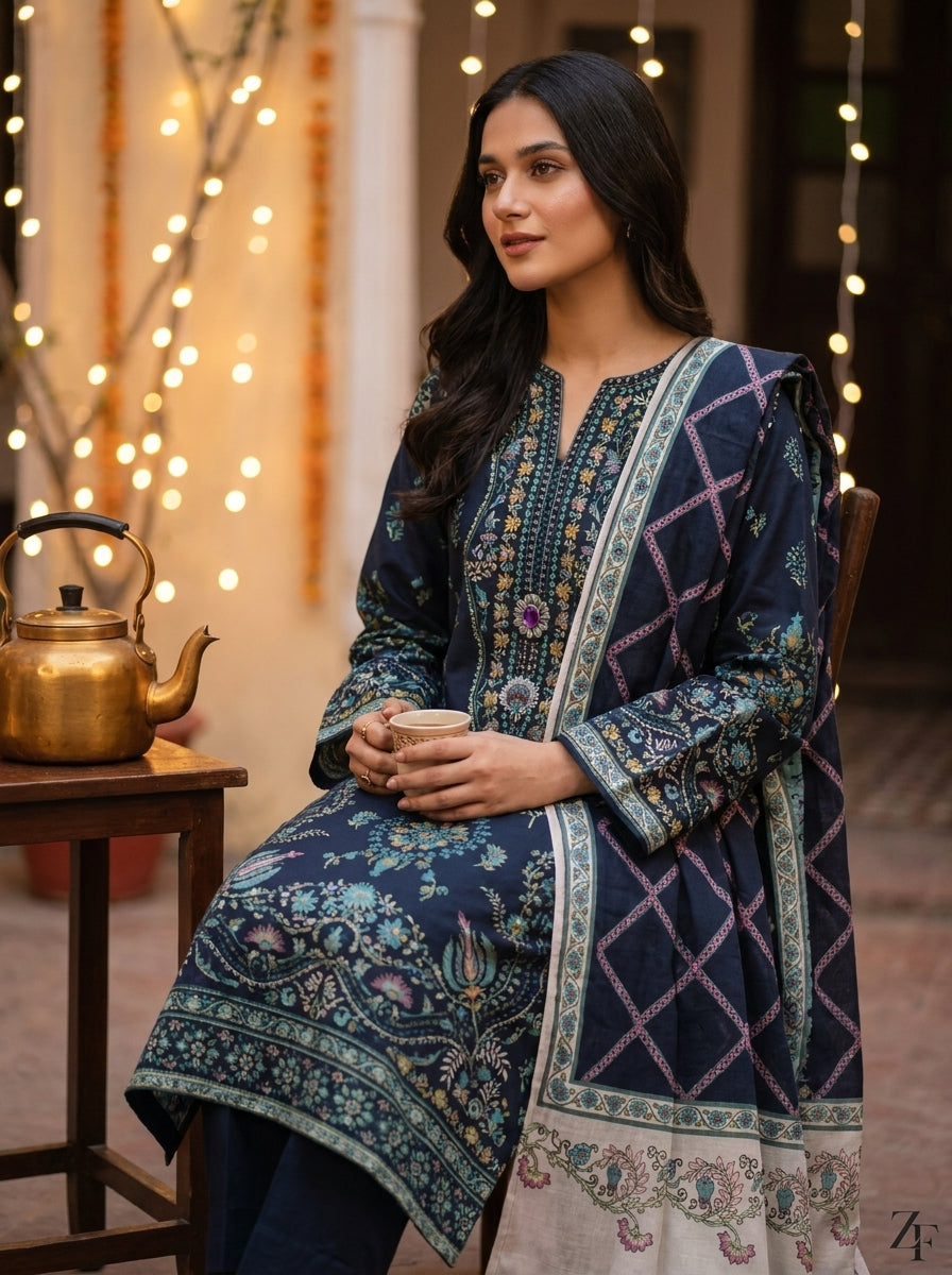 Lajward Midnight Navy 3 piece printed suit - lifestyle look