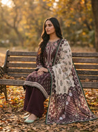 Shaam-e-Ghazal Chocolate Plum 3 piece printed suit - lifestyle look