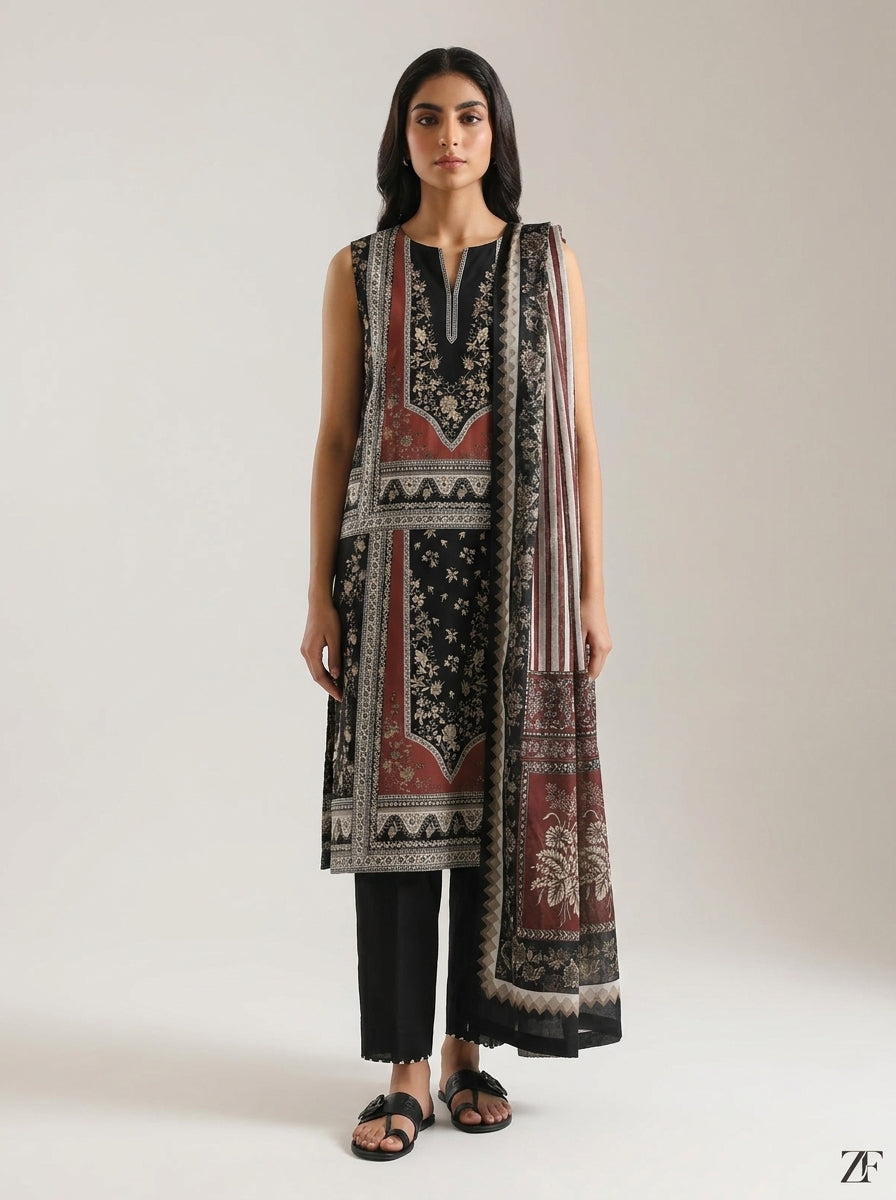 Raat Rani Black Rust 3 piece printed suit - full length front view