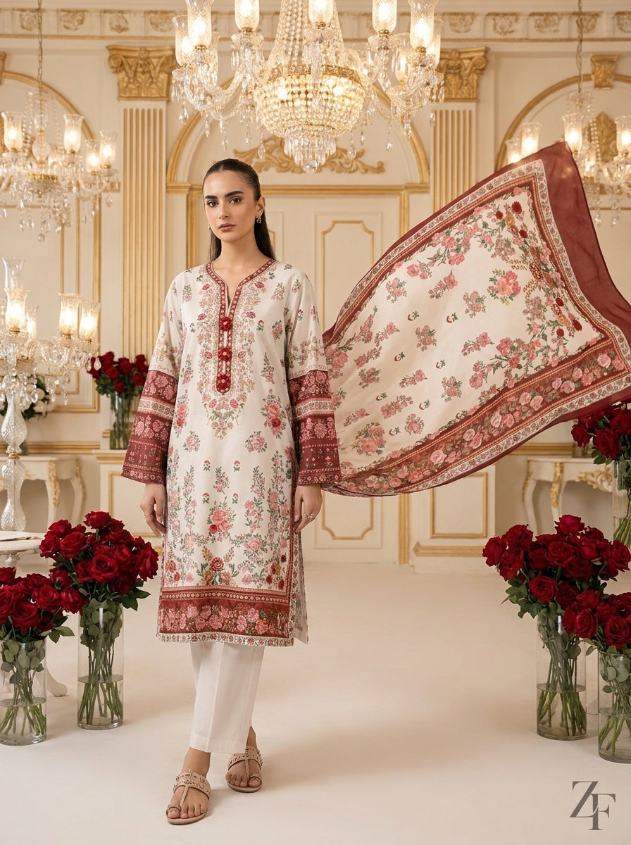 Gul-e-Rana Ivory Red 3 piece printed suit - editorial look