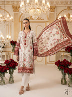 Gul-e-Rana Ivory Red 3 piece printed suit - editorial look