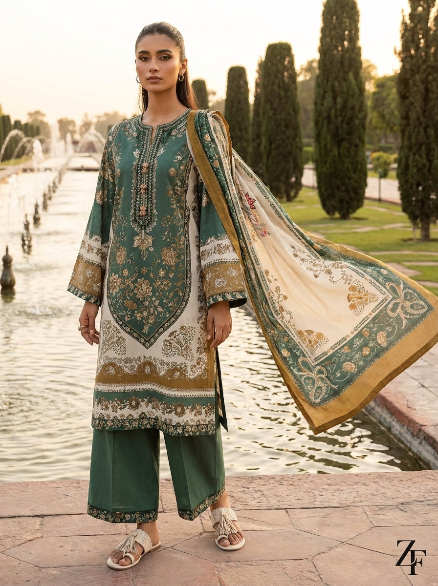 Zumurrud Bottle Green Mustard 3 piece printed suit - editorial look