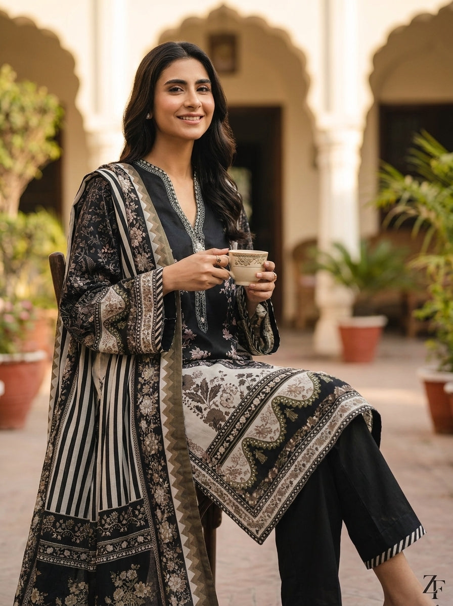 Shab-e-Noor Black Ivory 3 piece printed suit - lifestyle look