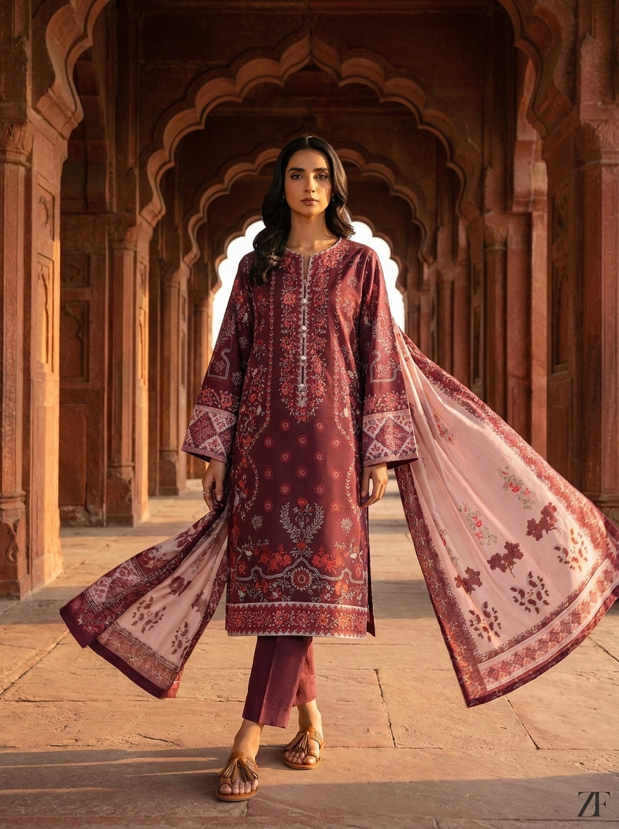 Anaarkali Wine Maroon 3 piece printed suit - editorial look