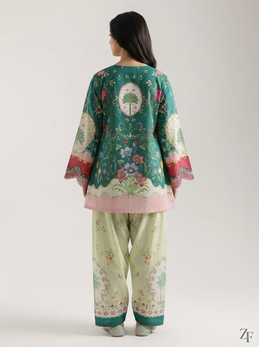 Nakhlistan Emerald Mint 2 piece printed suit - back view