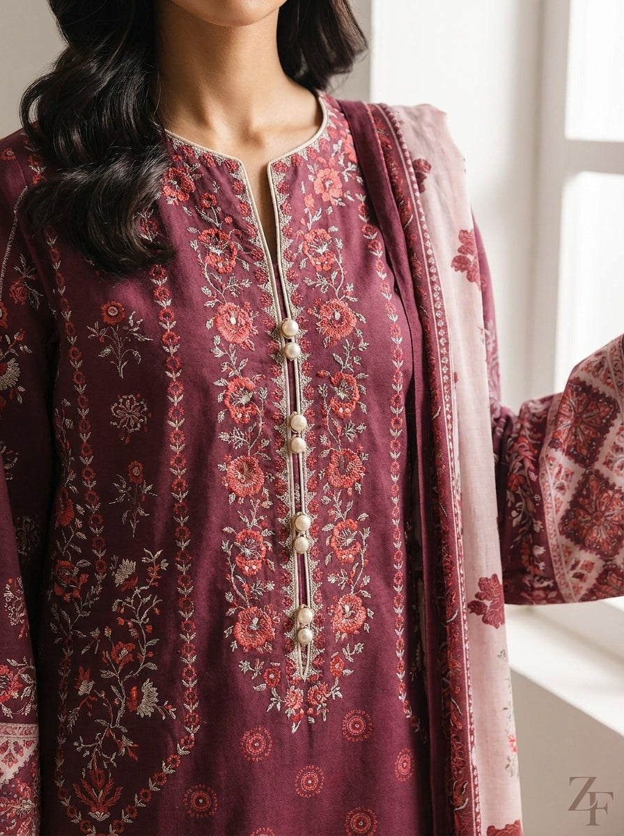 Anaarkali Wine Maroon 3 piece printed suit - close-up print and neckline detail