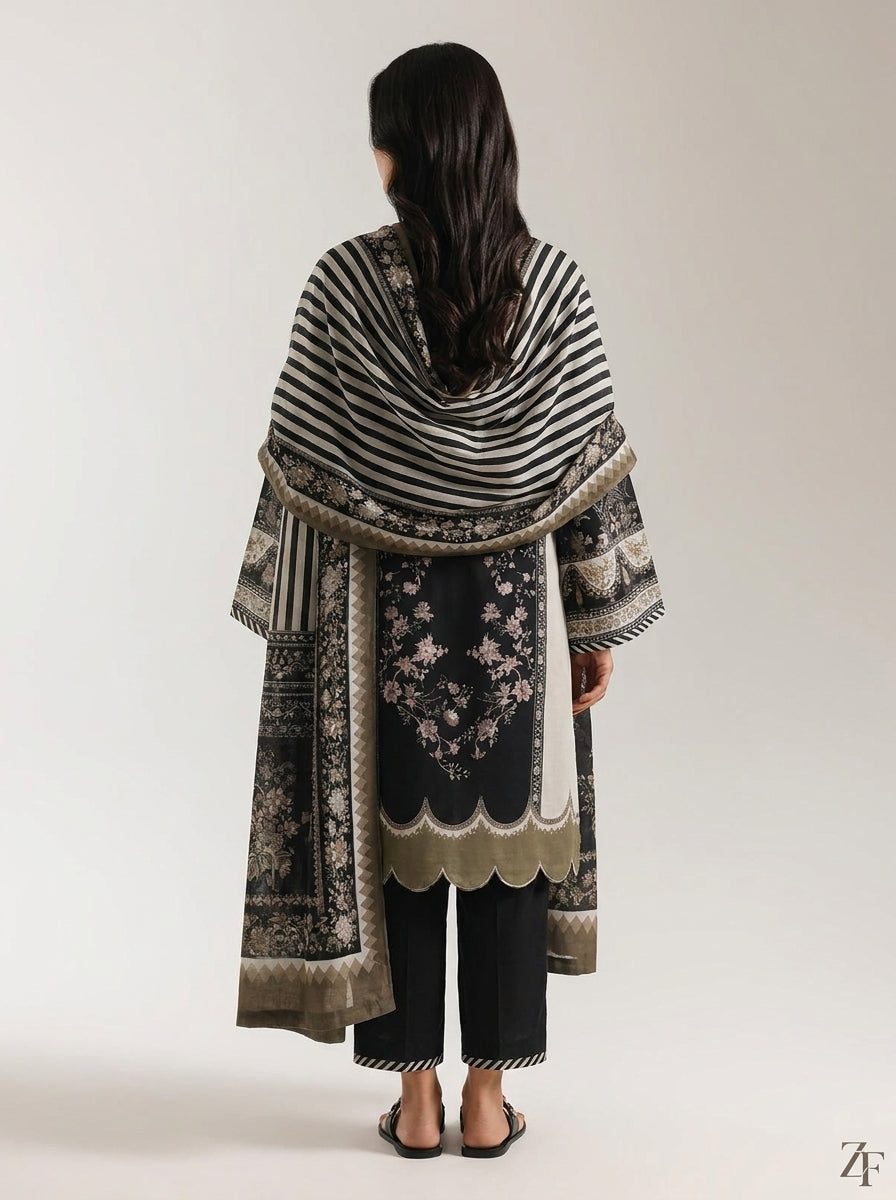 Shab-e-Noor Black Ivory 3 piece printed suit - back view