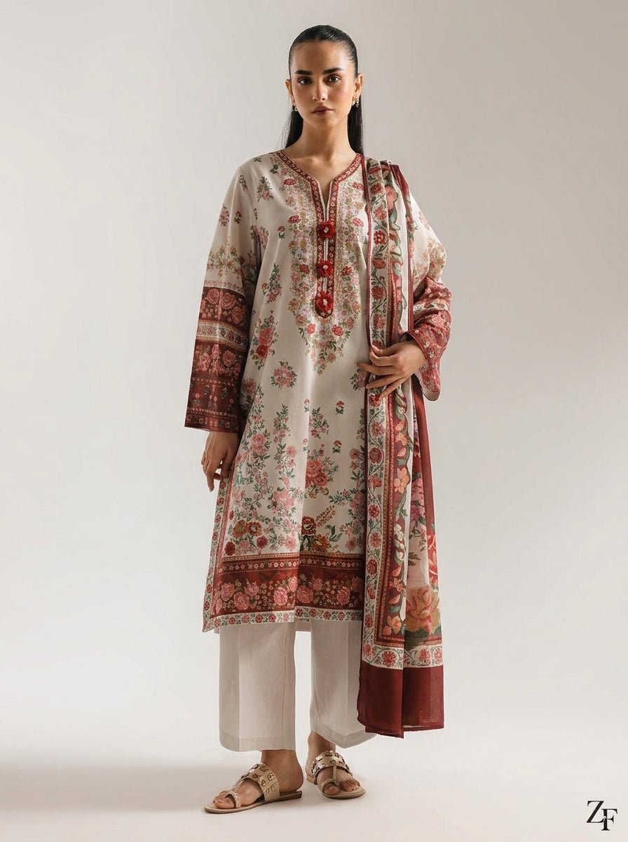 Gul-e-Rana Ivory Red 3 piece printed suit - full length front view