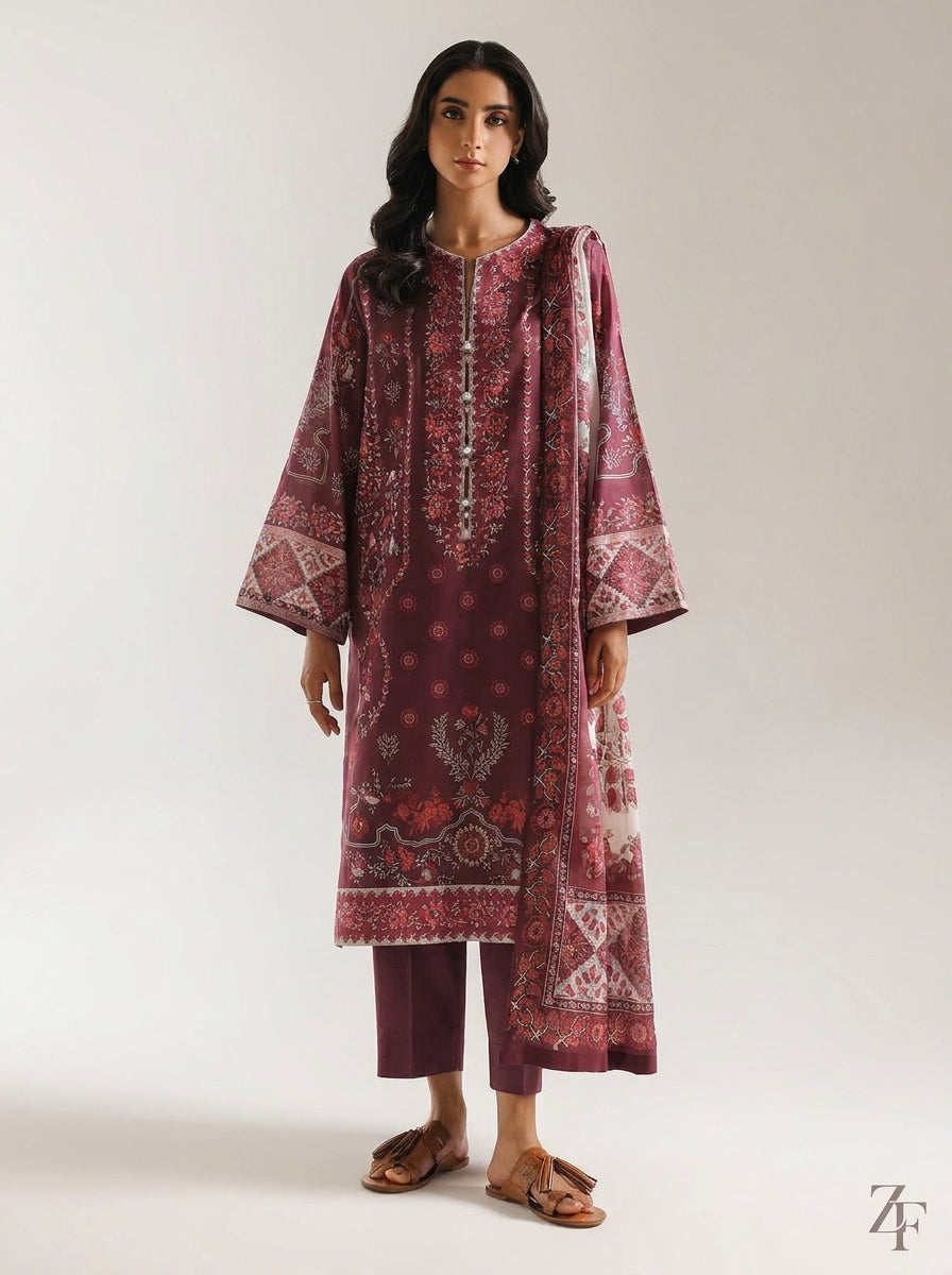 Anaarkali Wine Maroon 3 piece printed suit - full length front view
