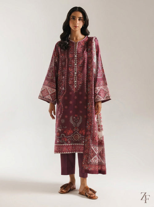 Anaarkali Wine Maroon 3 piece printed suit - full length front view