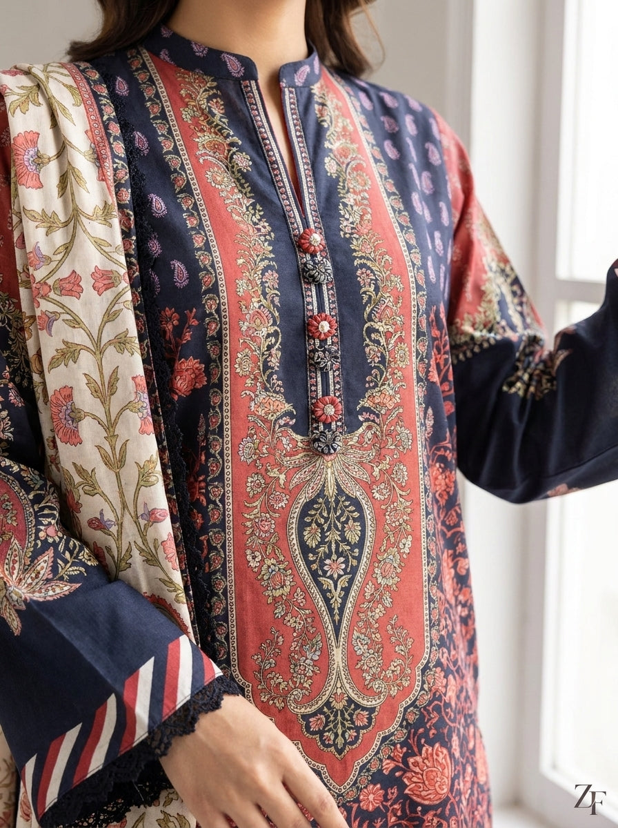 Mehr-un-Nisa Navy Red 3 piece printed suit - close-up print and neckline detail