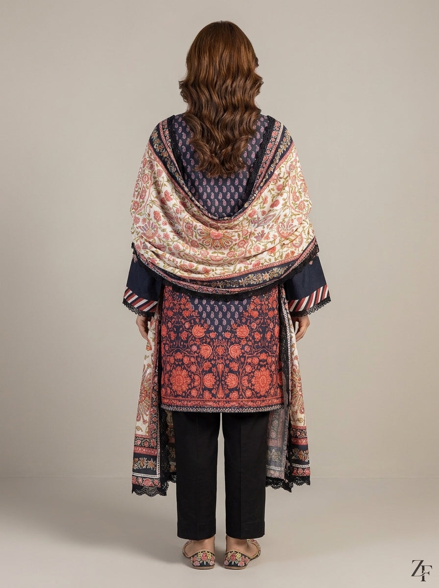 Mehr-un-Nisa Navy Red 3 piece printed suit - back view
